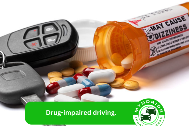 Prescription pills spilled next to car keys highlighting the dangers of drug-impaired driving and medication side effects like dizziness or drowsiness